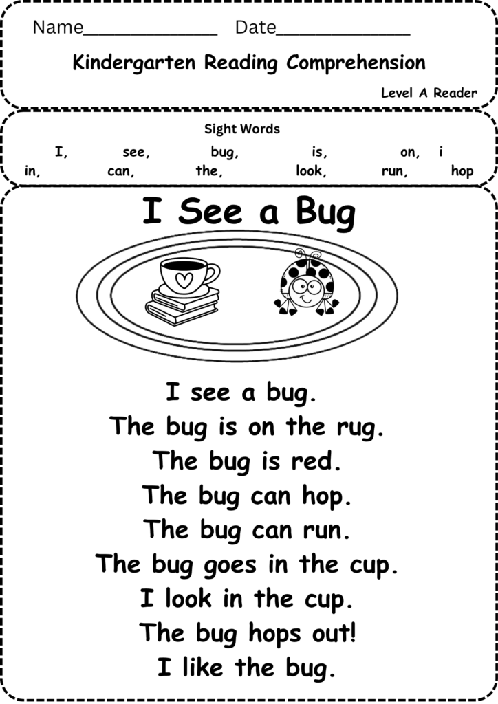 Kindergarten reading worksheet with bug and cup illustration