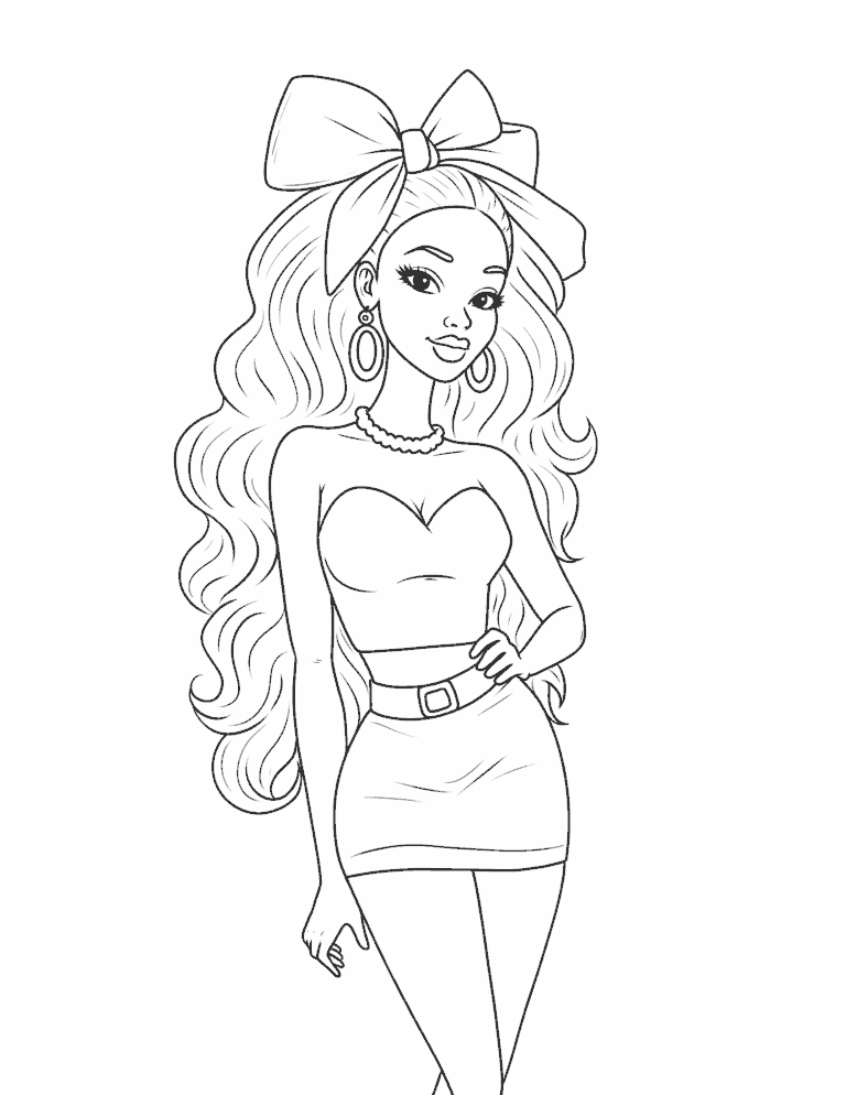 Line drawing of a woman with long hair and bow