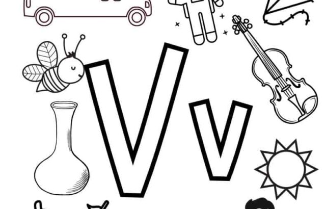 Letter V worksheet with object drawings around large Vs