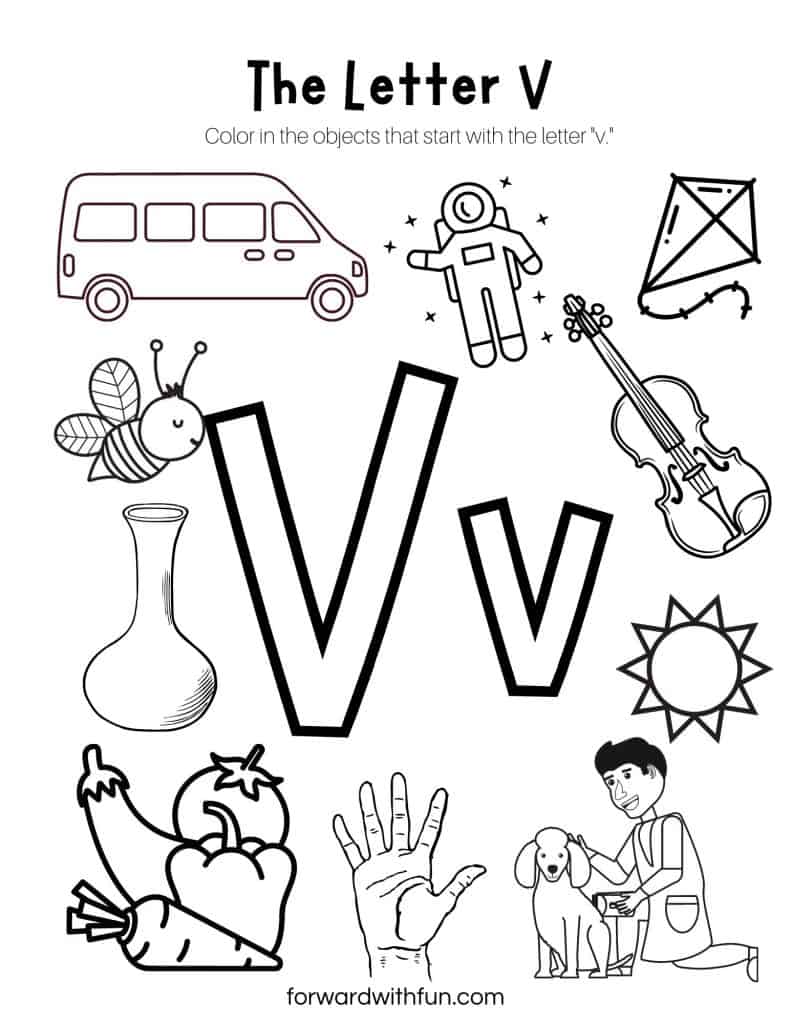 Letter V worksheet with object drawings around large Vs
