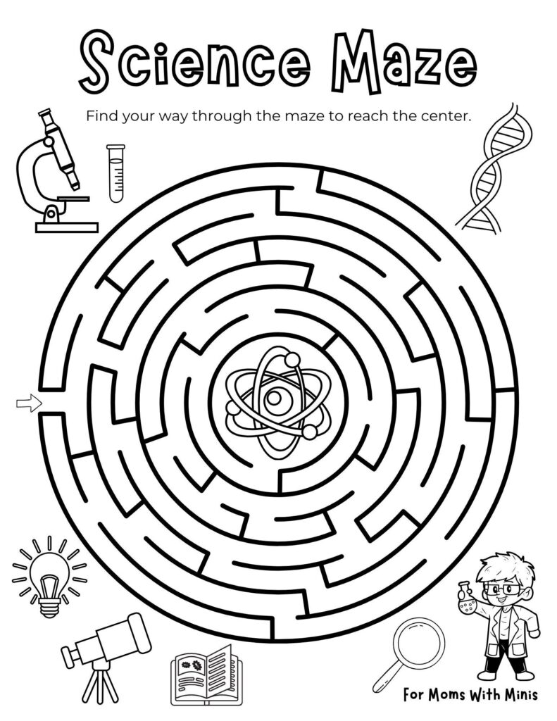Black-and-white science maze worksheet with lab icons and atom center