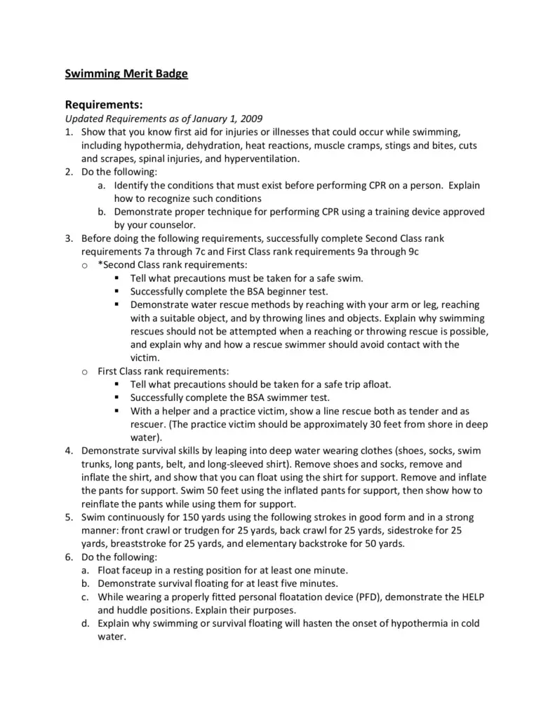 Printed swimming merit badge requirements document page