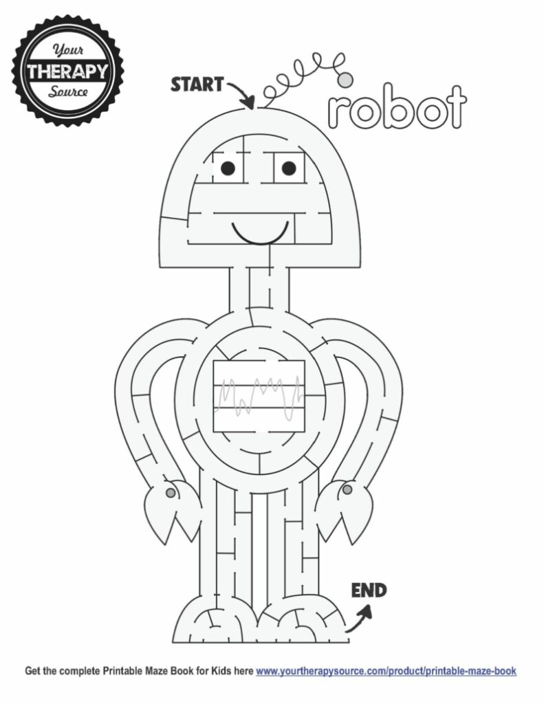 Robot-shaped maze worksheet with start and end labels