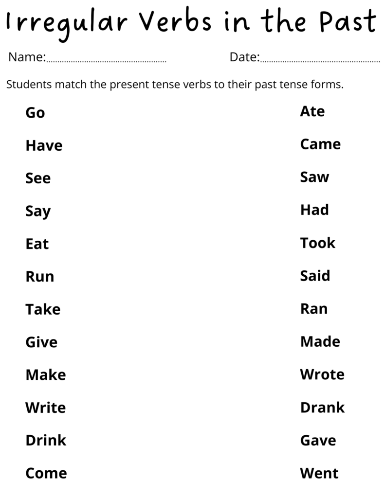 Irregular verbs worksheet with present and past tense lists