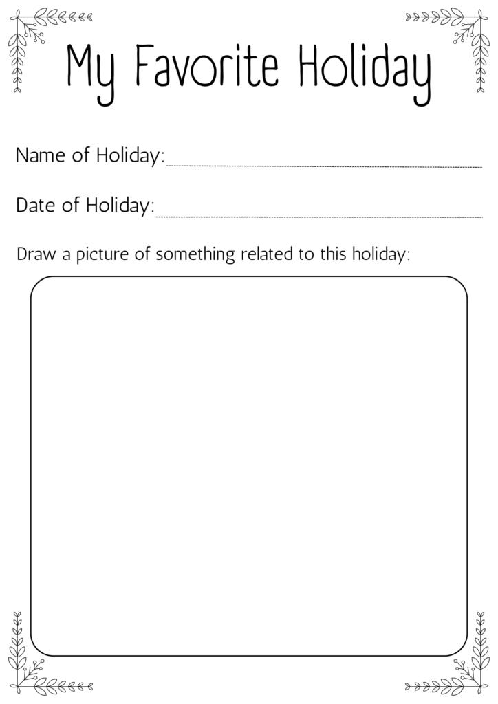 My Favorite Holiday” worksheet with blank drawing box