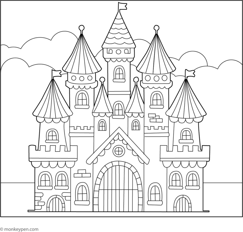 Black-and-white line drawing of a castle with towers