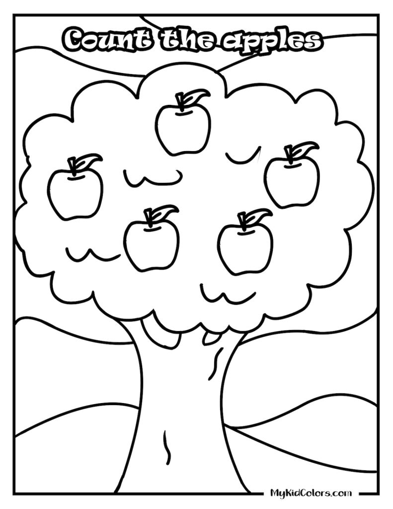 Apple tree coloring page with five apples