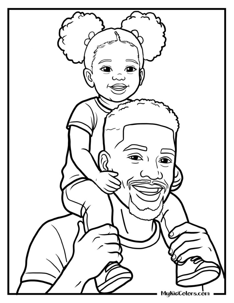 Black-and-white coloring page of father carrying a child