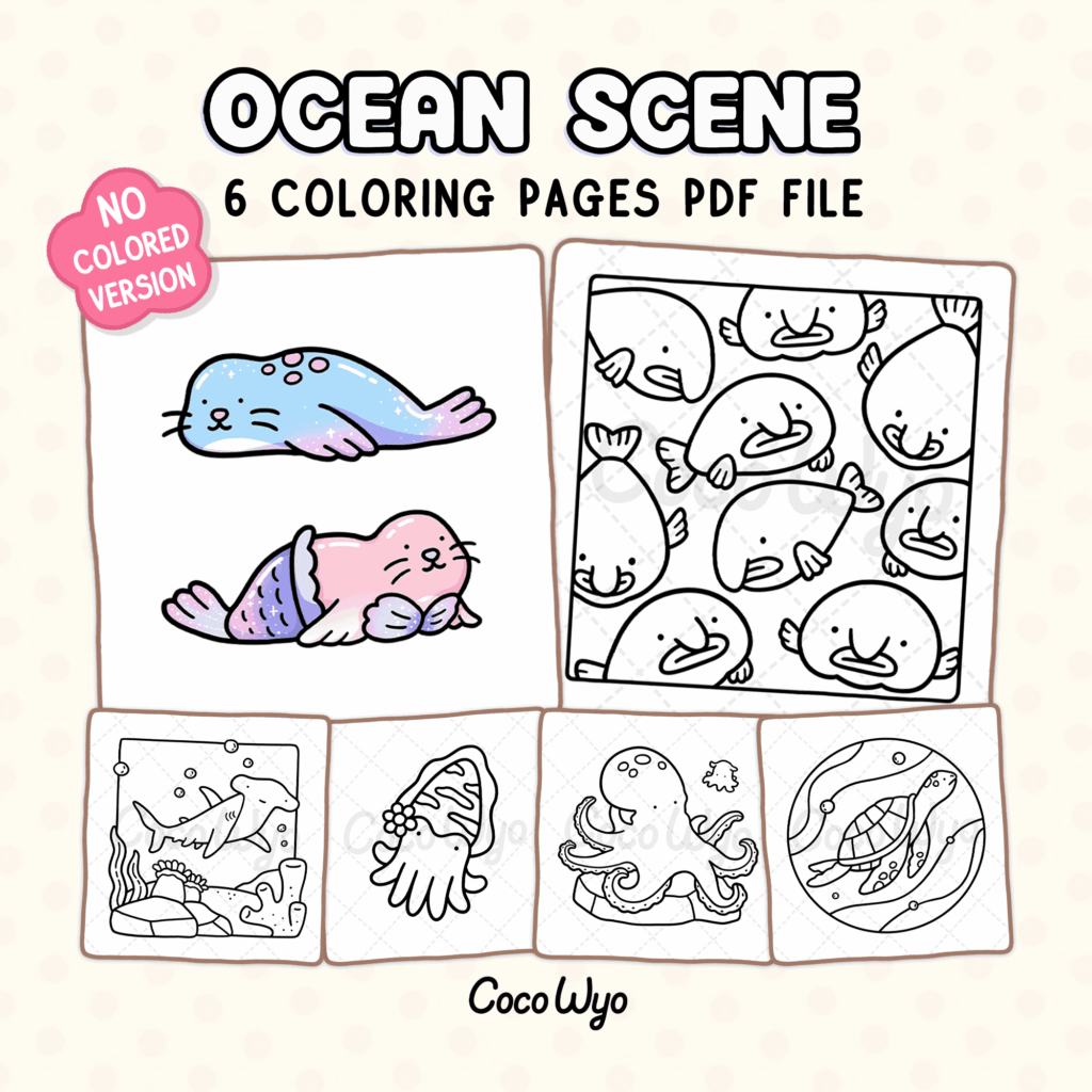 Ocean scene coloring pages with seals and sea creatures