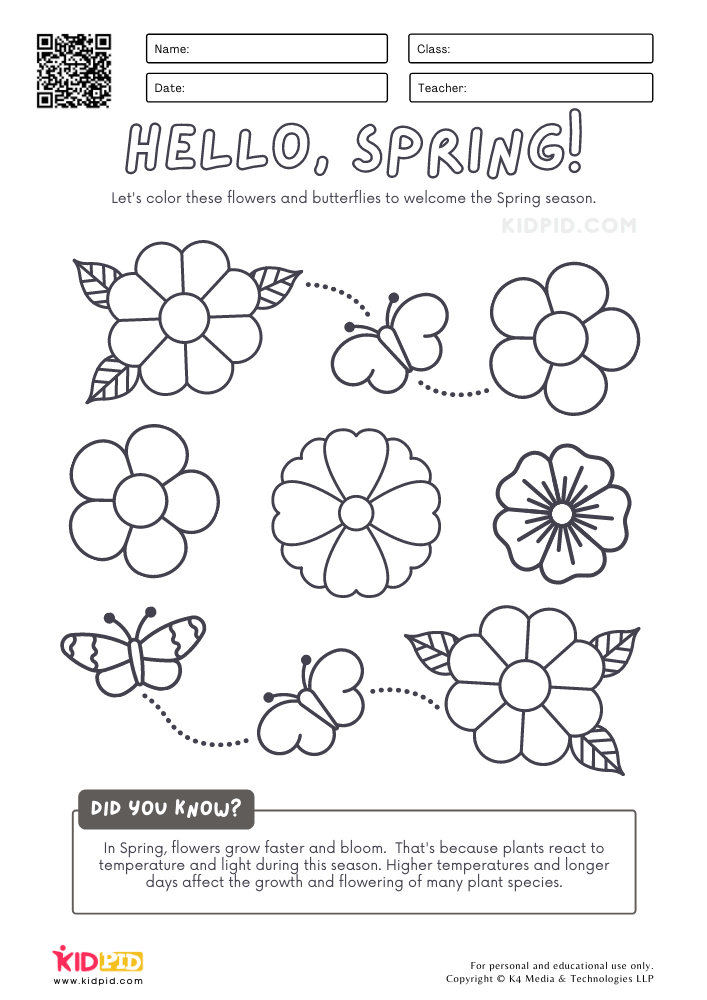 Spring flower coloring worksheet with butterflies