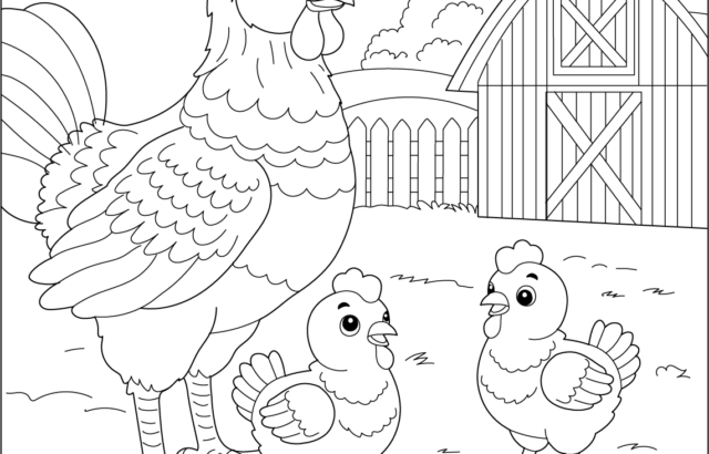 Mother hen with two chicks on a farm