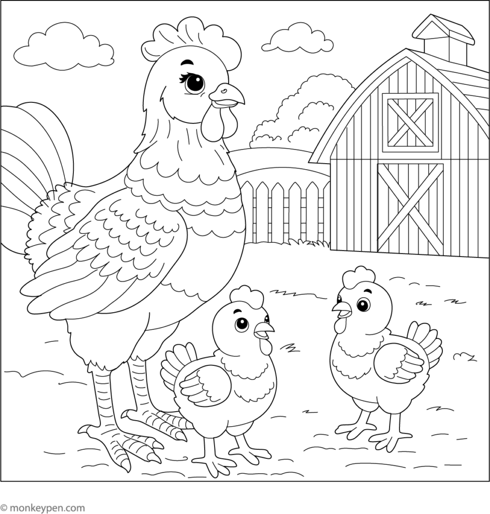 Mother hen with two chicks on a farm