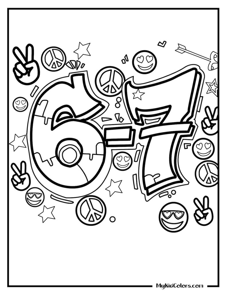 Coloring page with number 67, stars, emojis, peace signs