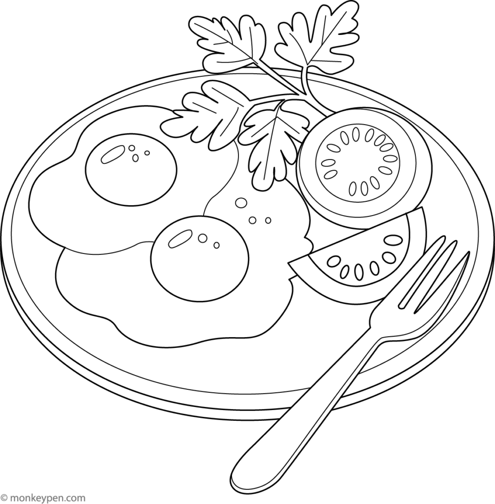 Line drawing of fried eggs, kiwi, and fork on plate
