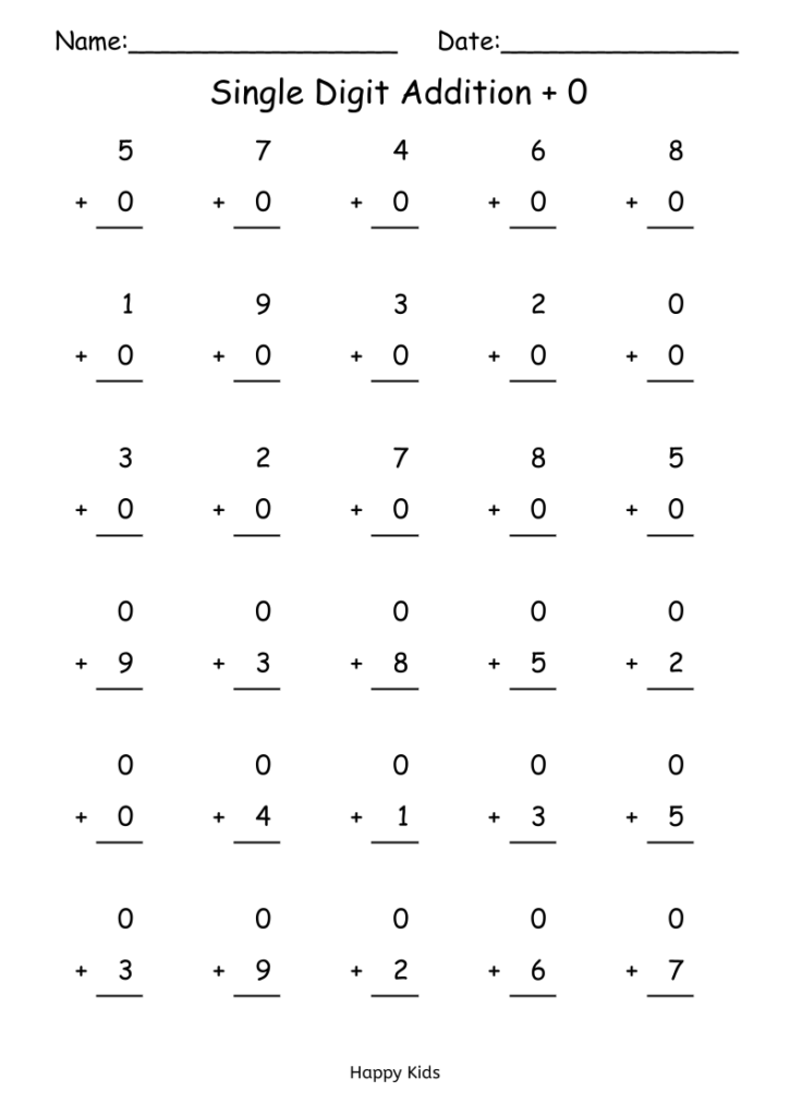 Single-digit addition worksheet with numbers and zeros
