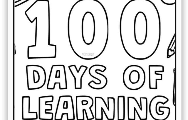 100 days of learning coloring page with school icons
