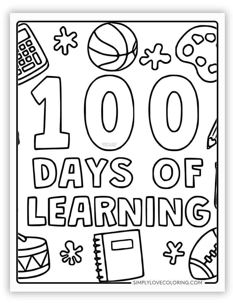 100 days of learning coloring page with school icons