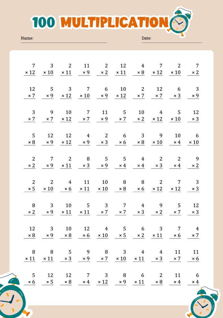 Multiplication worksheet with clock illustrations and many problems