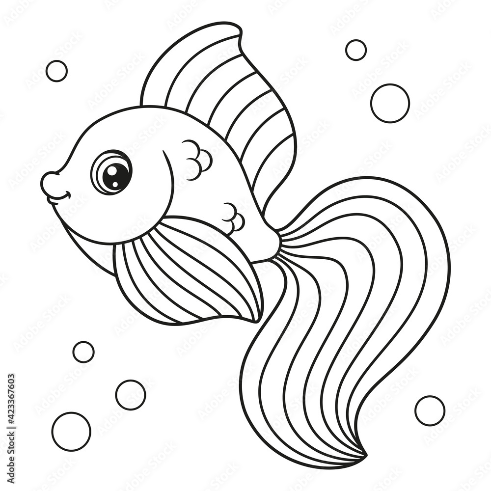 Cartoon fish outline with bubbles on white background