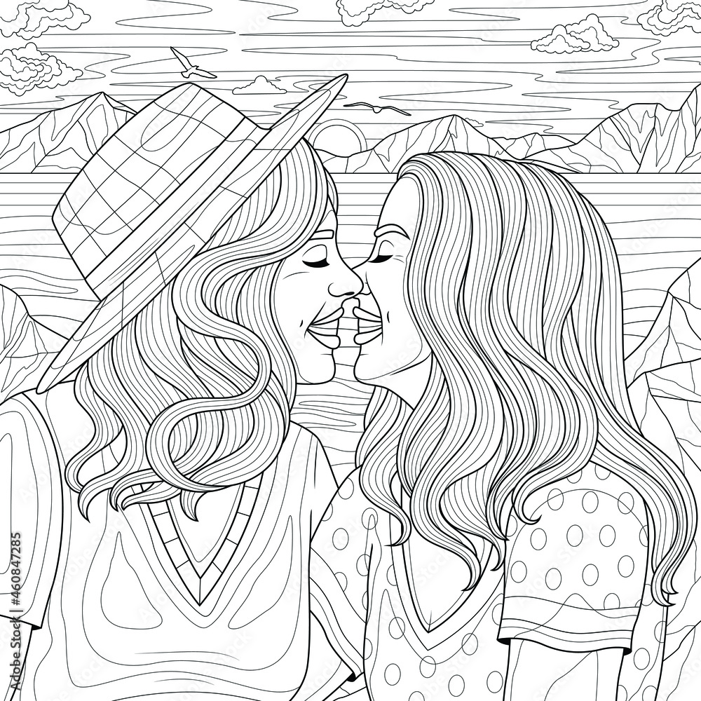 Two women kissing by a lakeside mountain landscape