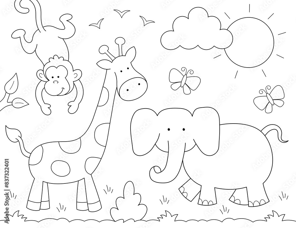 Cartoon jungle animals coloring page with monkey, giraffe, elephant