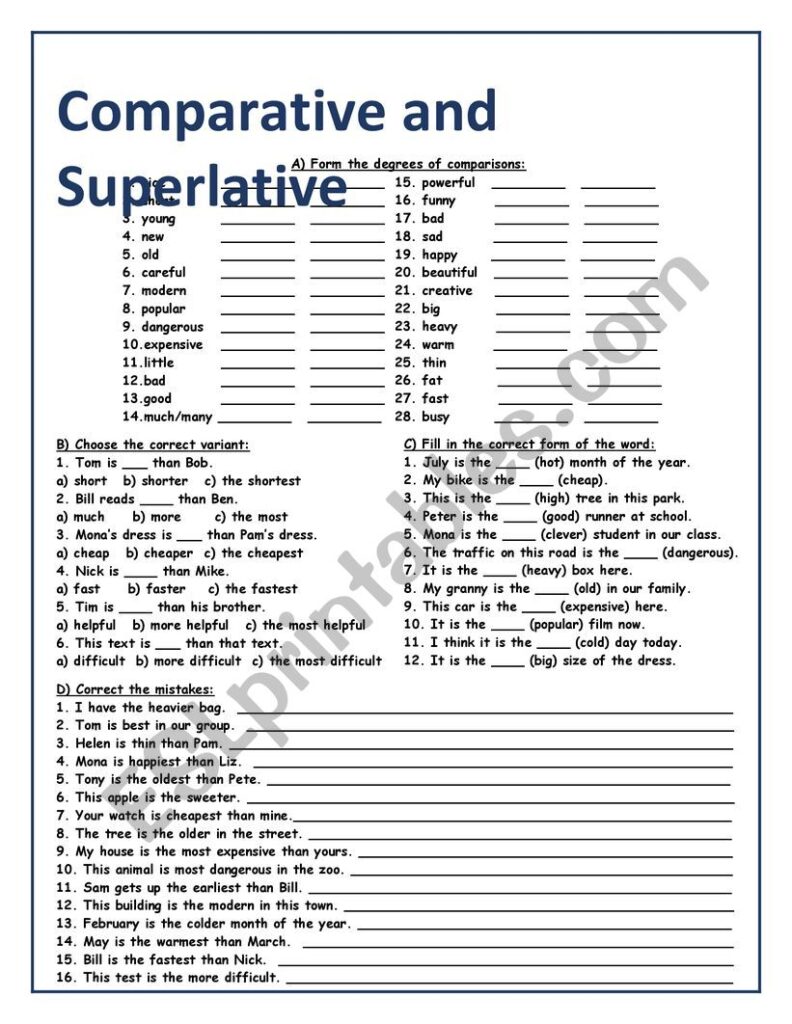 Comparative and superlative grammar worksheet page