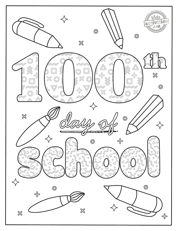 100th day of school coloring page with school supplies