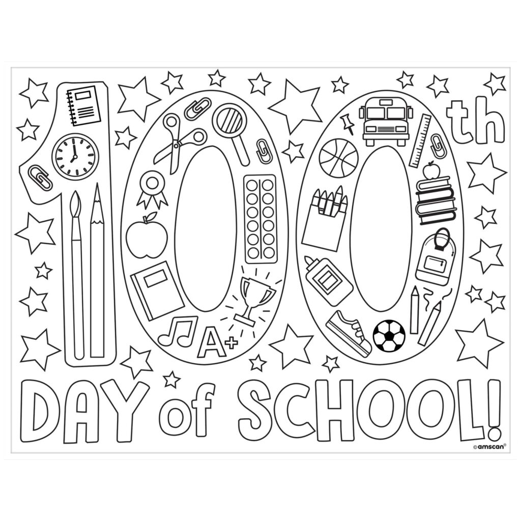 Black-and-white 100th day school coloring page with stars, school items