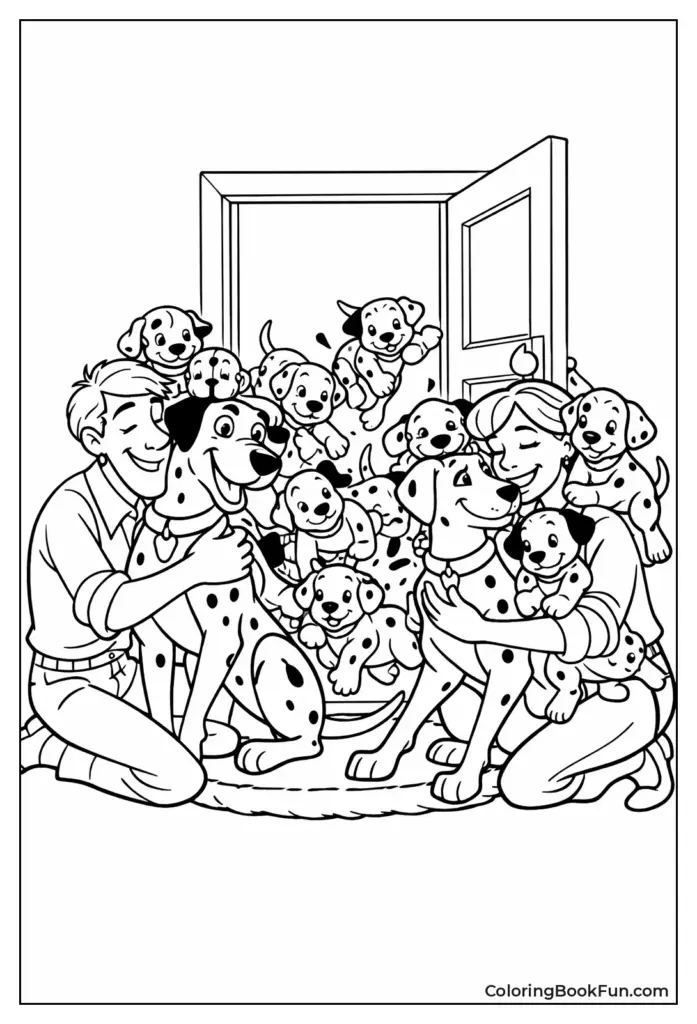Black-and-white coloring page of family with puppies