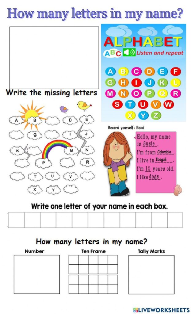 Alphabet worksheet with clouds, letters, and name boxes