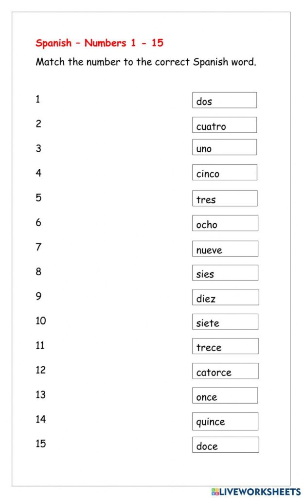 Spanish numbers worksheet with numbered list and word boxes