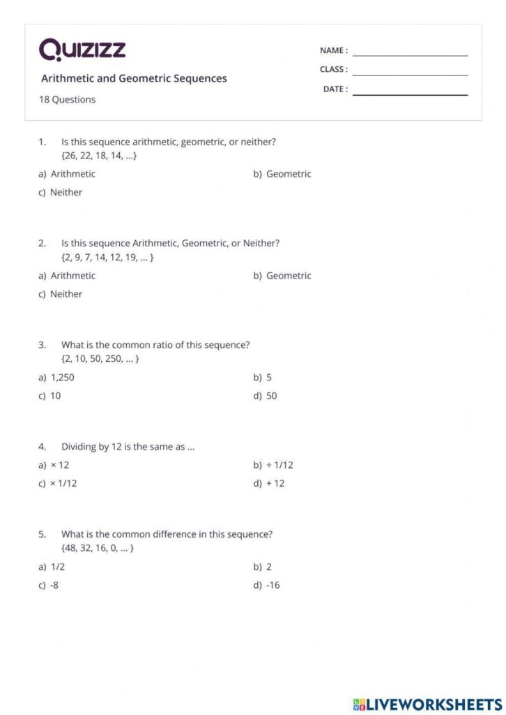 Arithmetic and geometric sequences worksheet with questions