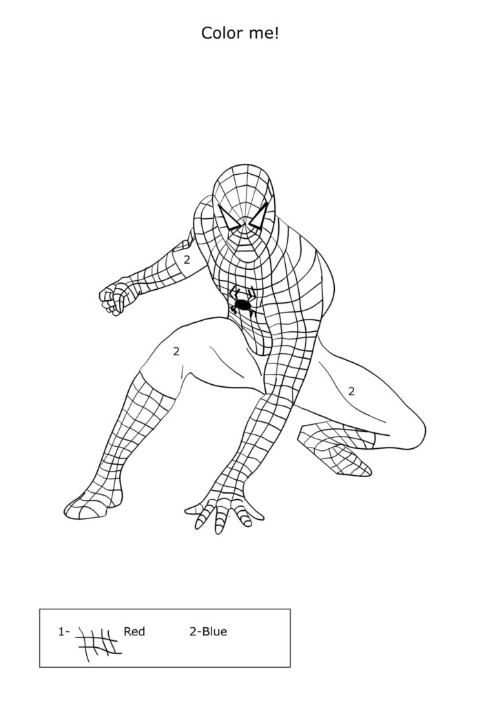 Spider-Man coloring page with color key and numbers
