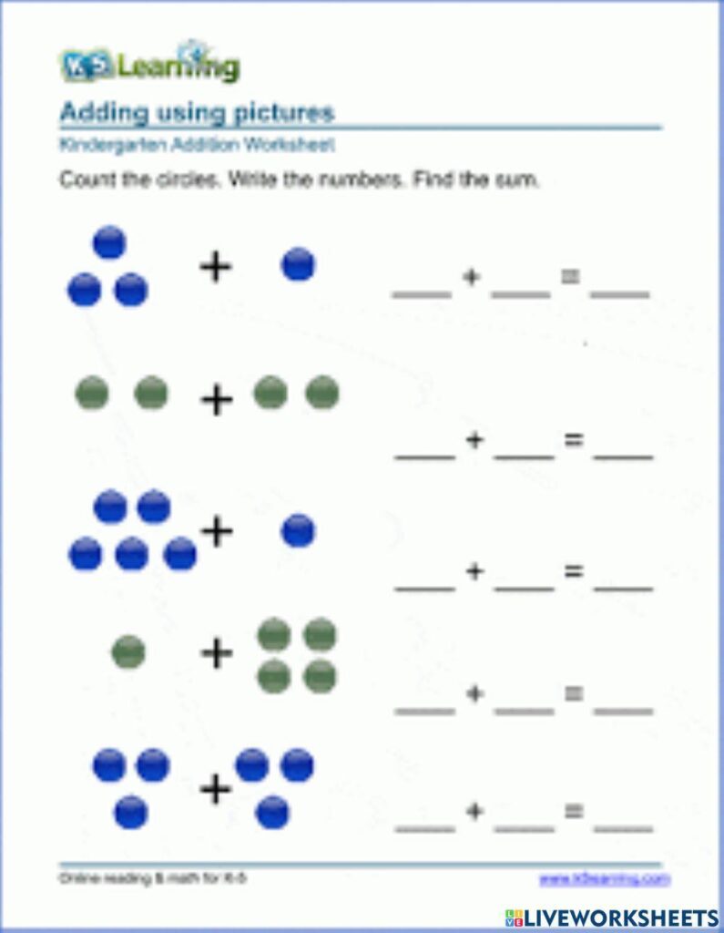 Kindergarten addition worksheet with colored circles and blanks
