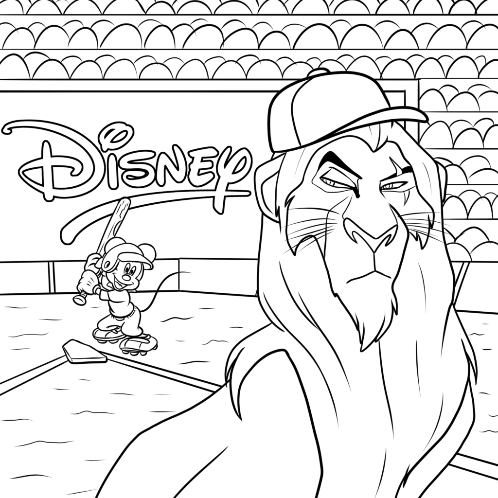Black-and-white cartoon lion and baseball player on field