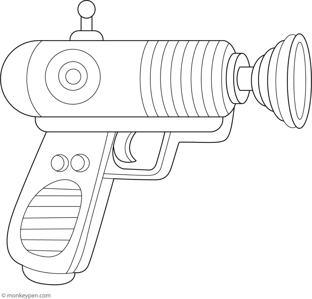 Black-and-white line drawing of a ray gun