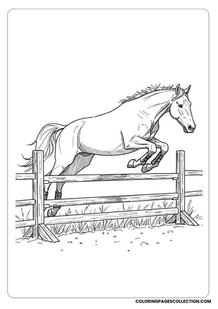 Line drawing of horse jumping a fence