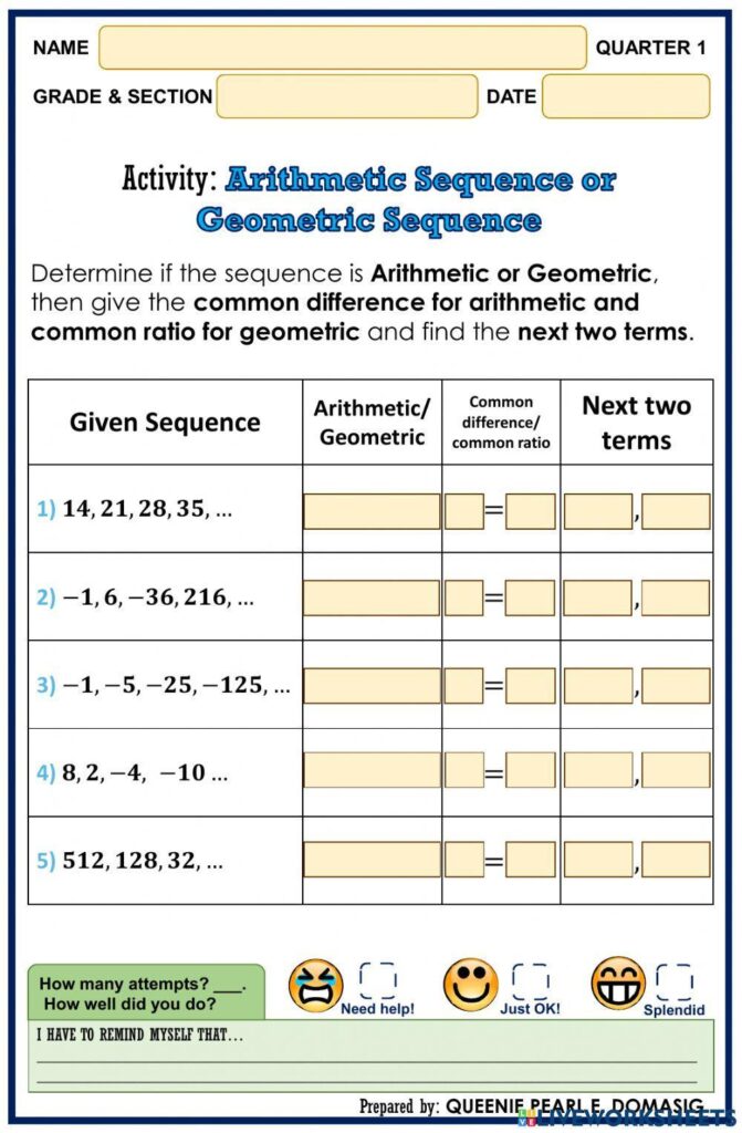 Arithmetic sequence worksheet with fill-in table and numbers