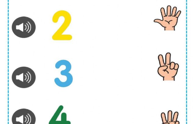Number counting worksheet with speaker icons and hand signs