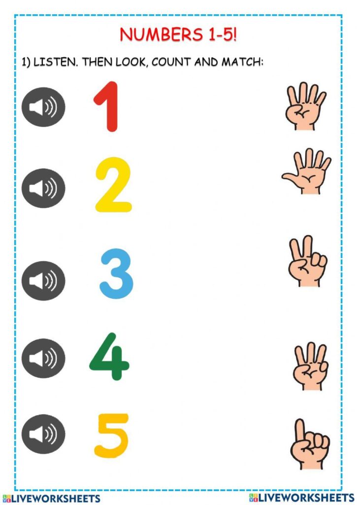 Number counting worksheet with speaker icons and hand signs