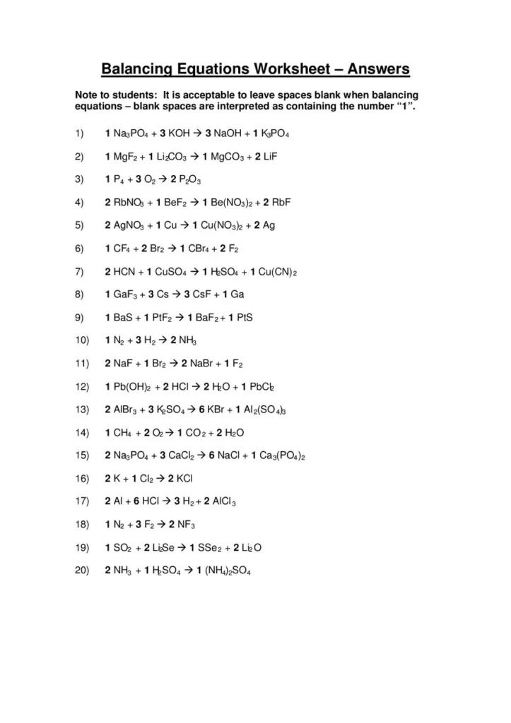 Balancing equations worksheet answers on white page