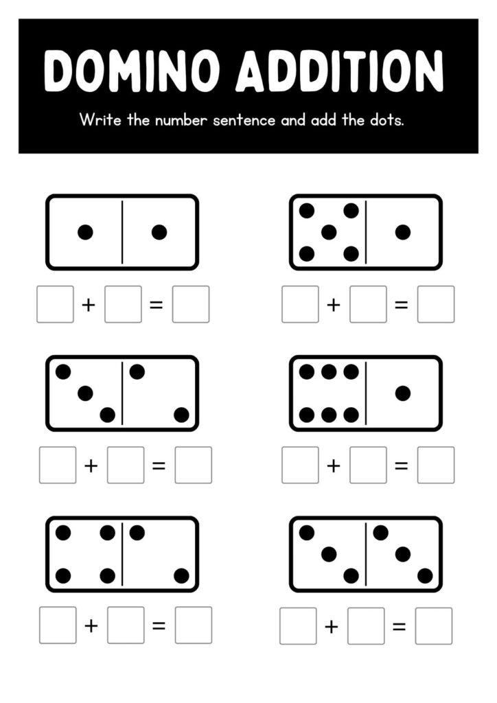 Domino addition worksheet with six dominoes and answer boxes