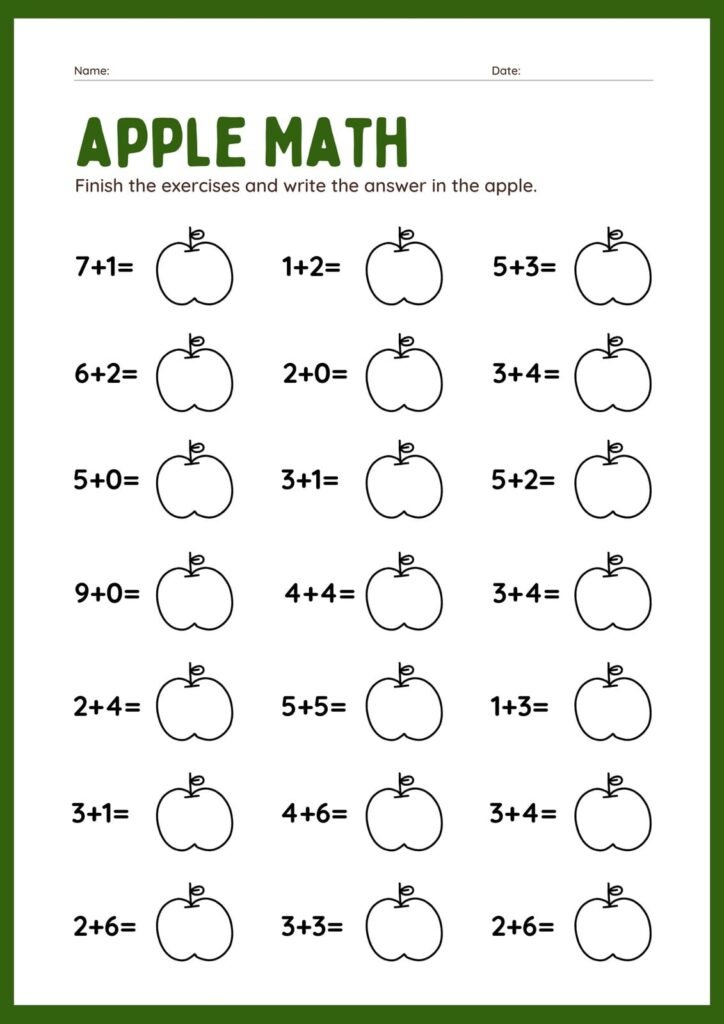 Apple math addition worksheet with blank apple outlines