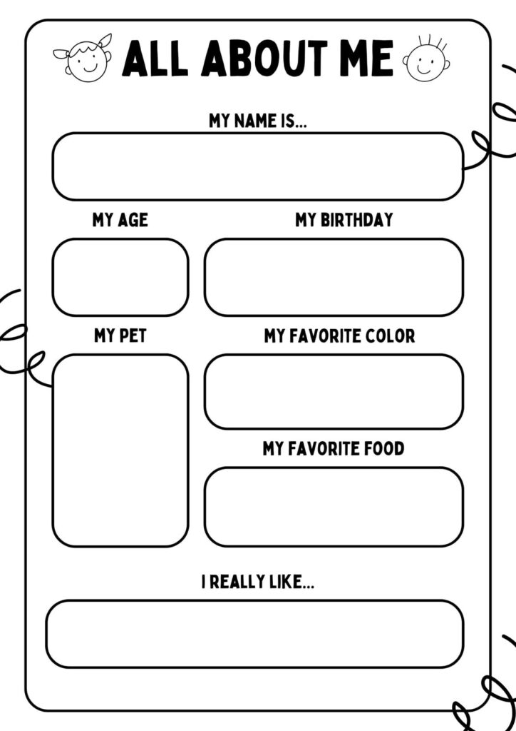 Blank “All About Me” worksheet with fill-in boxes and labels
