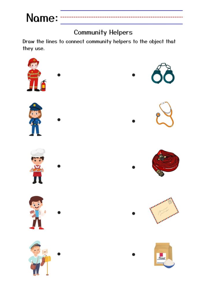 Community helpers worksheet with matching pictures and tools