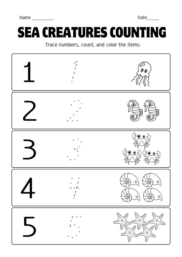 Sea creatures counting worksheet with numbers one to five