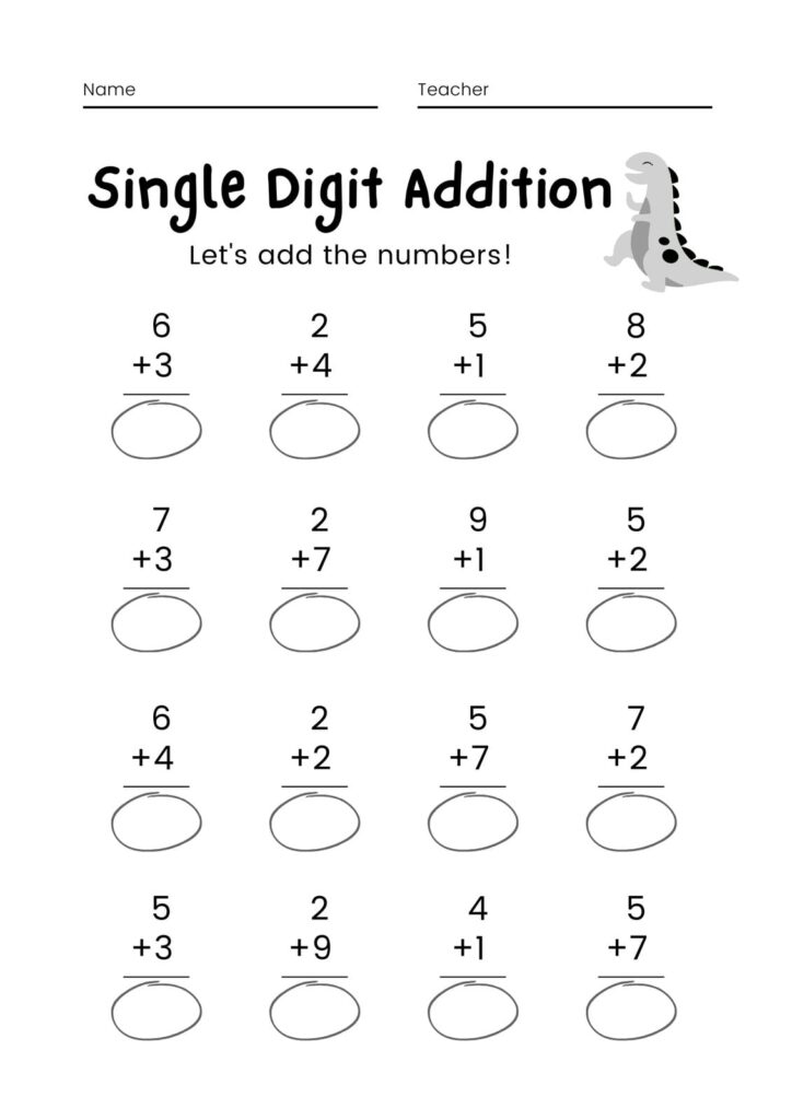 Single digit addition worksheet with dinosaur graphic and blank ovals