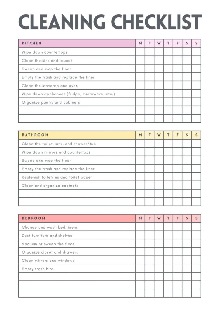 Cleaning checklist with kitchen, bathroom, bedroom tables