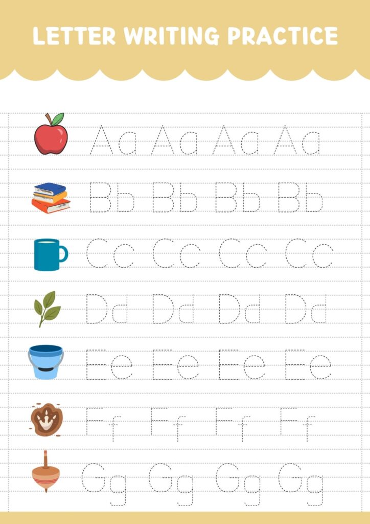 Alphabet letter writing practice worksheet with pictures and tracing lines