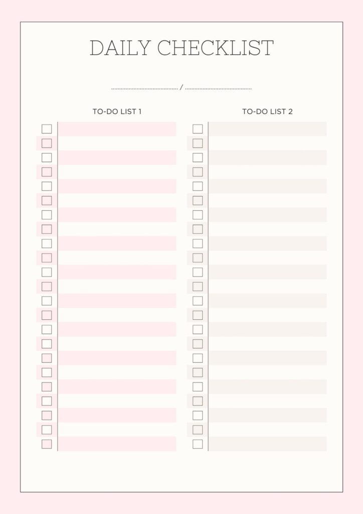 Blank daily checklist page with two to-do columns